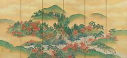 Arashiyama in Spring (right); Mt. Takao in Autumn (left), Yamamoto Baiitsu (Japanese, 1783–1856), Pair of six-panel folding screens; color with gold ground on paper, Japan